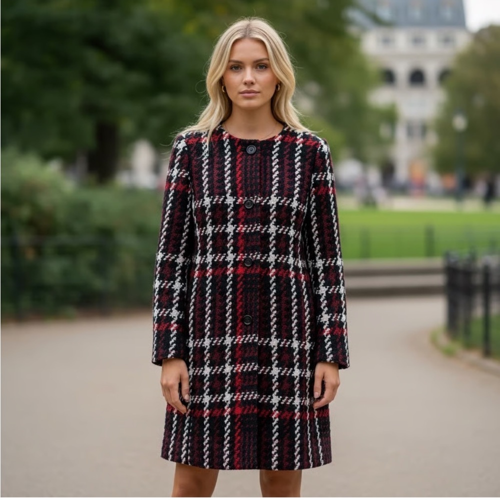 Talbots Houndstooth Plaid Chesterfield Coat M Burgundy Wool Blend Boucle